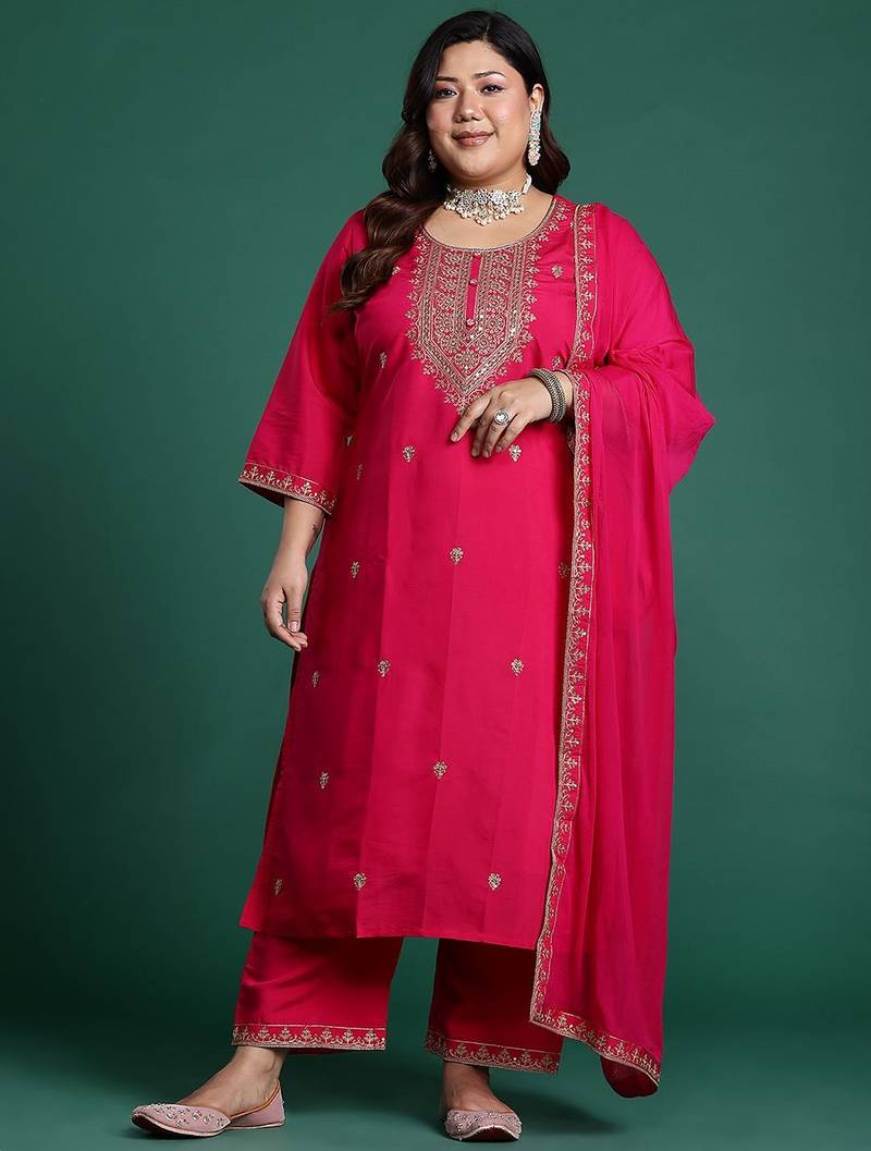 Plus Size Pink Embroidered Straight Kurta Trousers With Dupatta Set