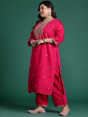Plus Size Pink Embroidered Straight Kurta Trousers With Dupatta Set 6