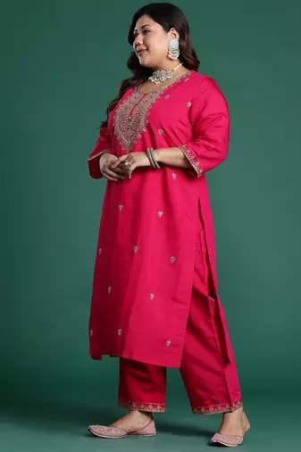 Plus Size Pink Embroidered Straight Kurta Trousers With Dupatta Set