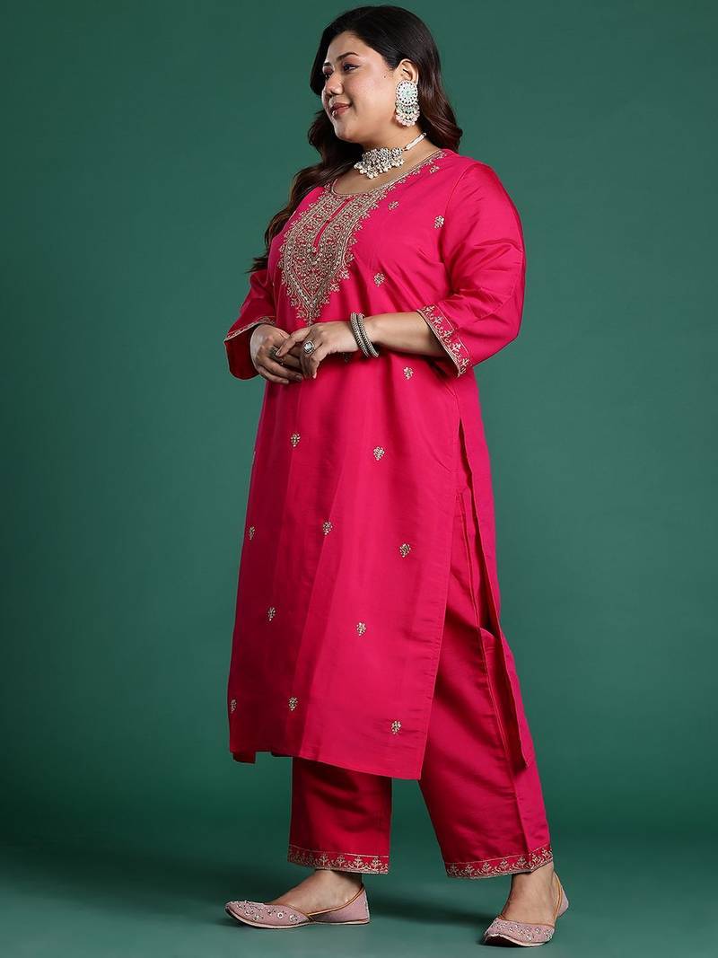 Plus Size Pink Embroidered Straight Kurta Trousers With Dupatta Set