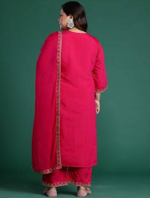 Plus Size Pink Embroidered Straight Kurta Trousers With Dupatta Set 7
