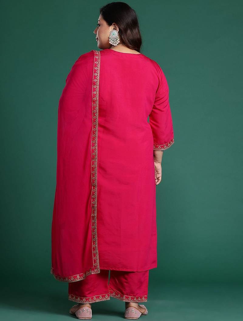 Plus Size Pink Embroidered Straight Kurta Trousers With Dupatta Set