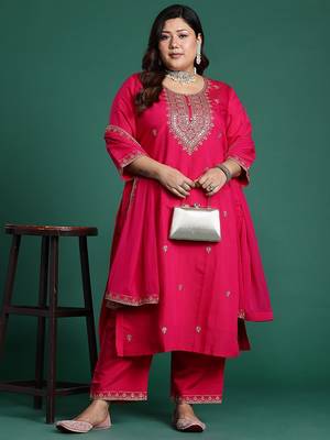 Plus Size Pink Embroidered Straight Kurta Trousers With Dupatta Set 8