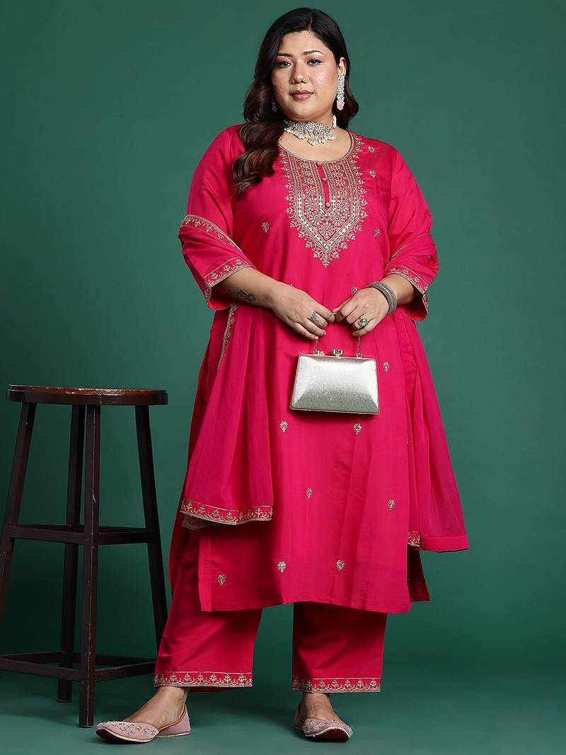 Plus Size Pink Embroidered Straight Kurta Trousers With Dupatta Set