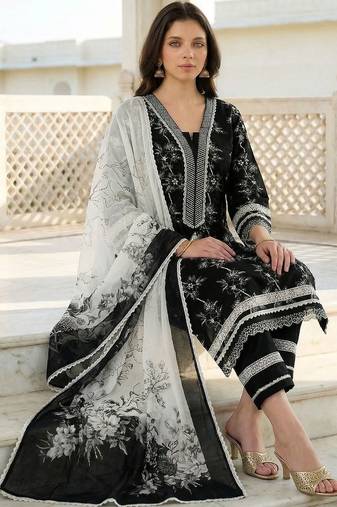 Women Floral Actual Embroidery Regular Thread Work  Cotton Kurta Set