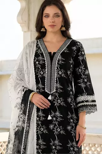 Women Floral Actual Embroidery Regular Thread Work Pure Cotton Kurta Set