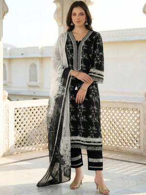 Women Floral Actual Embroidery Regular Thread Work Pure Cotton Kurta Set 3