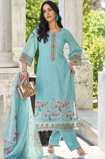 Women Floral Yoke Design Regular Thread Work Linen Kurta with Trousers & With Dupatta