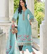 Women Floral Yoke Design Regular Thread Work Linen Kurta with Trousers & With Dupatta