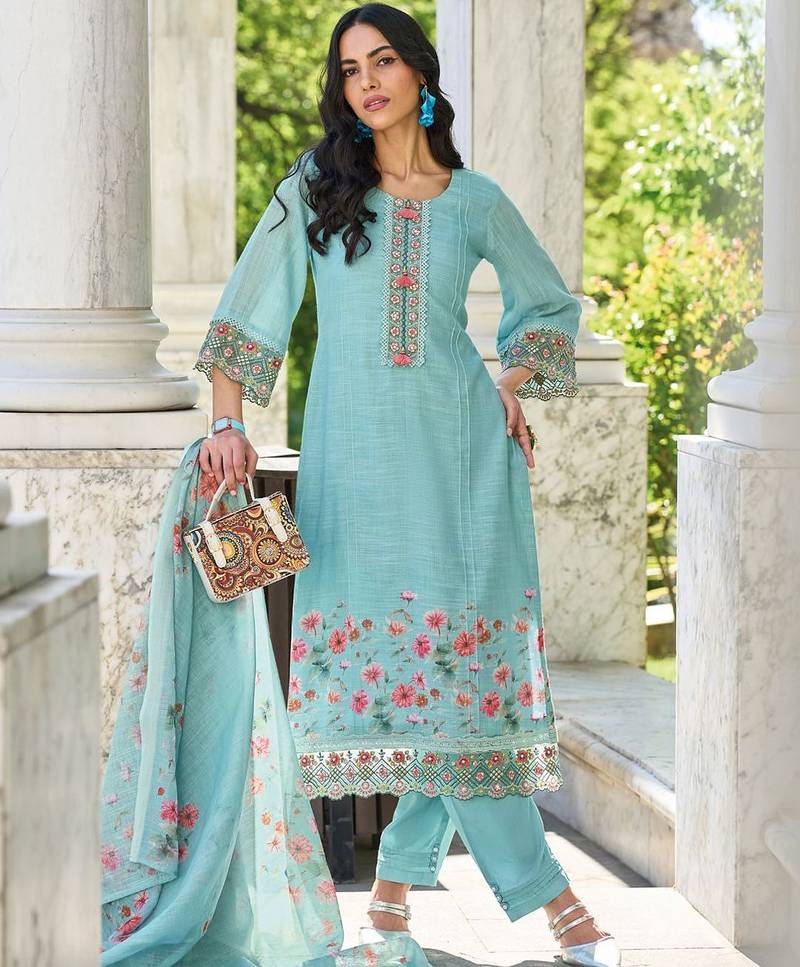 Women Floral Yoke Design Regular Thread Work Linen Kurta with Trousers & With Dupatta