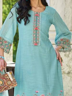 Women Floral Yoke Design Regular Thread Work Linen Kurta with Trousers & With Dupatta 2