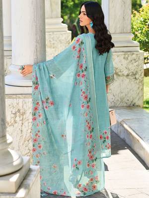 Women Floral Yoke Design Regular Thread Work Linen Kurta with Trousers & With Dupatta 3