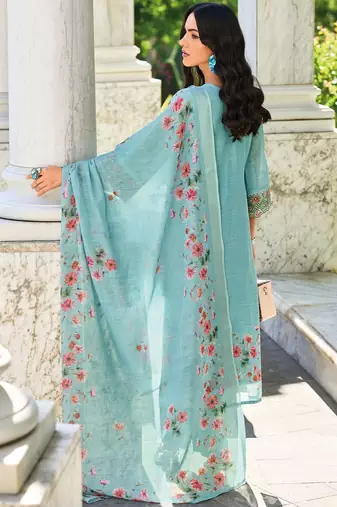 Women Floral Yoke Design Regular Thread Work Linen Kurta with Trousers & With Dupatta