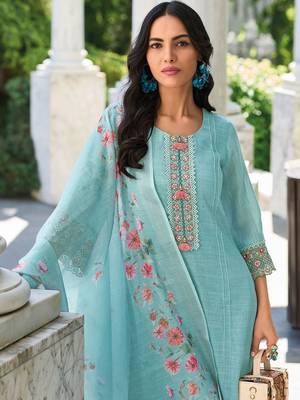 Women Floral Yoke Design Regular Thread Work Linen Kurta with Trousers & With Dupatta 4