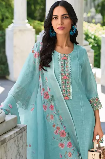 Women Floral Yoke Design Regular Thread Work Linen Kurta with Trousers & With Dupatta
