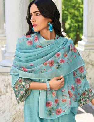 Women Floral Yoke Design Regular Thread Work Linen Kurta with Trousers & With Dupatta 5