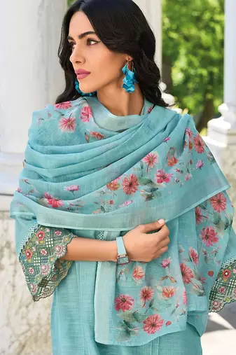 Women Floral Yoke Design Regular Thread Work Linen Kurta with Trousers & With Dupatta
