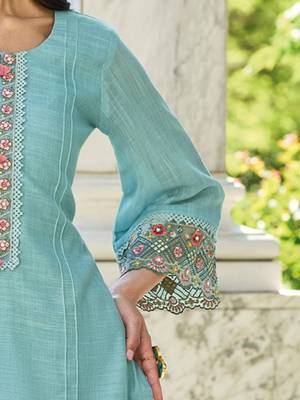 Women Floral Yoke Design Regular Thread Work Linen Kurta with Trousers & With Dupatta 6