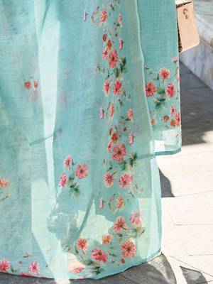 Women Floral Yoke Design Regular Thread Work Linen Kurta with Trousers & With Dupatta 7