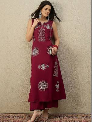 Women Ethnic Motifs Embroidered Regular Thread Work Pure Cotton Kurta with Palazzos 1