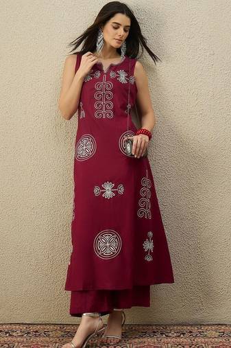 Women Ethnic Motifs Embroidered Regular Thread Work  Cotton Kurta with Palazzos