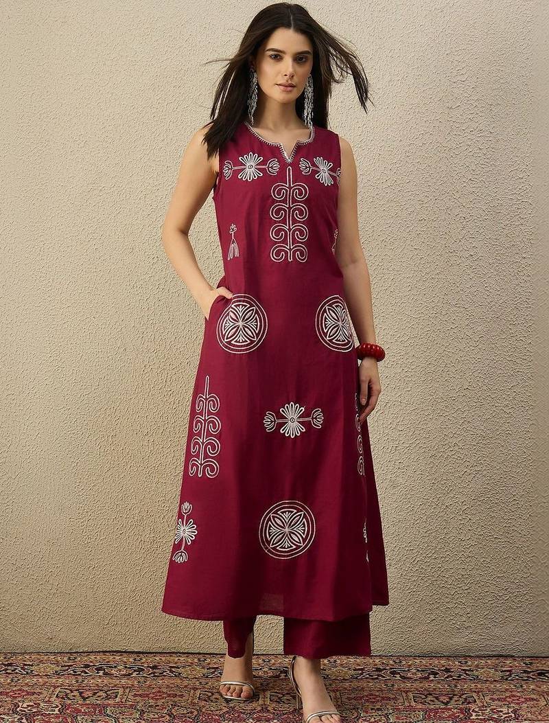 Women Ethnic Motifs Embroidered Regular Thread Work Pure Cotton Kurta with Palazzos