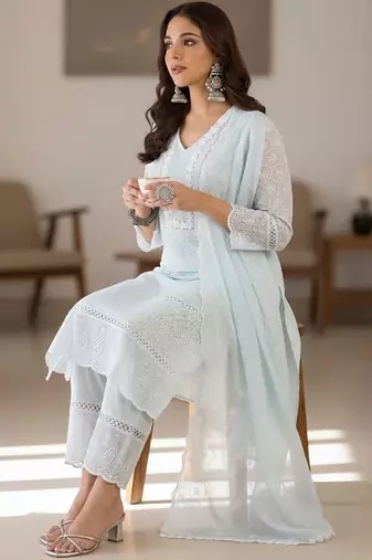 Ethnic Motifs Embroidered Chikankari Pure Cotton Kurta With Trousers & Dupatta