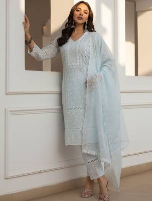 Ethnic Motifs Embroidered Chikankari Pure Cotton Kurta With Trousers & Dupatta 2