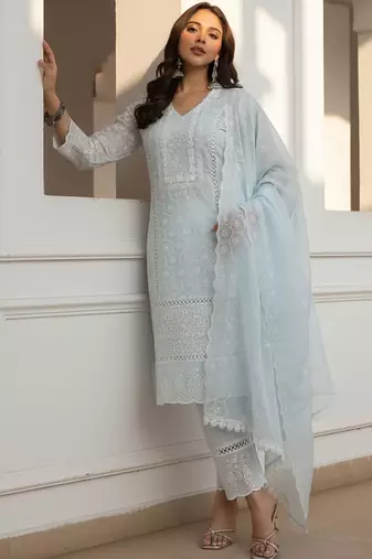 Ethnic Motifs Embroidered Chikankari Pure Cotton Kurta With Trousers & Dupatta