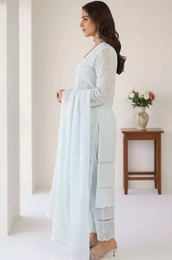 Ethnic Motifs Embroidered Chikankari Pure Cotton Kurta With Trousers & Dupatta