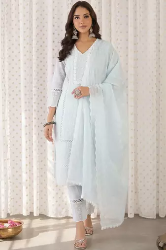 Ethnic Motifs Embroidered Chikankari Pure Cotton Kurta With Trousers & Dupatta