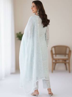 Ethnic Motifs Embroidered Chikankari Pure Cotton Kurta With Trousers & Dupatta 5