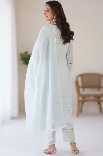 Ethnic Motifs Embroidered Chikankari Pure Cotton Kurta With Trousers & Dupatta