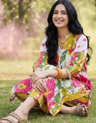 Floral Printed Mandarin Collar Pure Cotton Kurta with Trousers 1