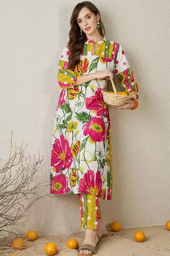 Floral Printed Mandarin Collar Pure Cotton Kurta with Trousers
