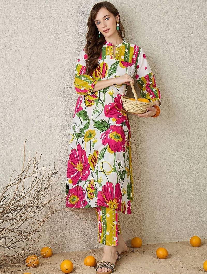 Floral Printed Mandarin Collar Pure Cotton Kurta with Trousers