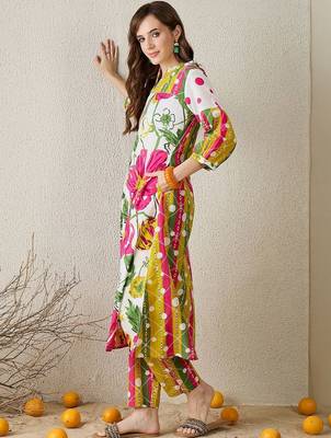 Floral Printed Mandarin Collar Pure Cotton Kurta with Trousers 3