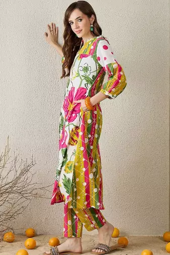 Floral Printed Mandarin Collar Pure Cotton Kurta with Trousers