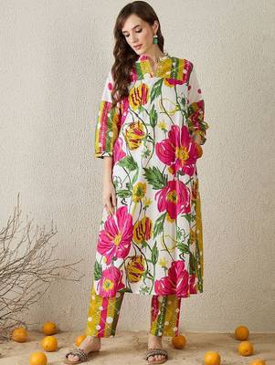 Floral Printed Mandarin Collar Pure Cotton Kurta with Trousers 4