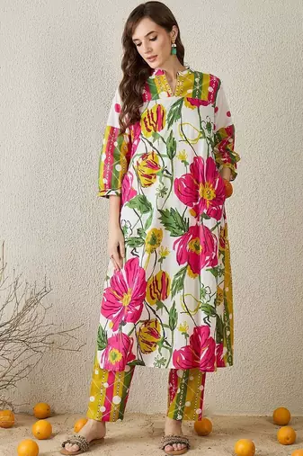 Floral Printed Mandarin Collar Pure Cotton Kurta with Trousers