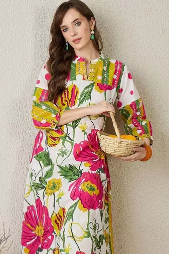 Floral Printed Mandarin Collar Pure Cotton Kurta with Trousers