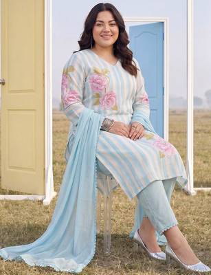 Plus Size Blue Printed Straight Kurta Trousers With Dupatta Set 1