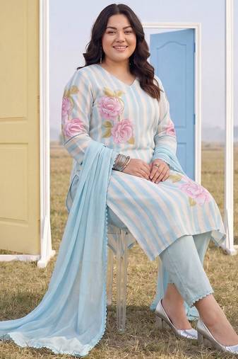Plus Size Blue Printed Straight Kurta Trousers With Dupatta Set