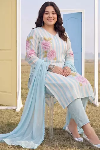 Plus Size Blue Printed Straight Kurta Trousers With Dupatta Set