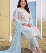 Plus Size Blue Printed Straight Kurta Trousers With Dupatta Set