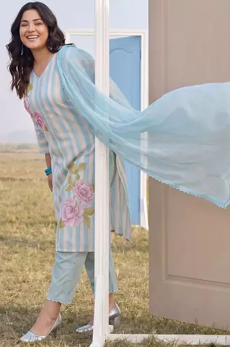 Plus Size Blue Printed Straight Kurta Trousers With Dupatta Set