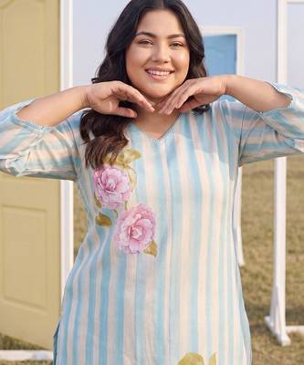 Plus Size Blue Printed Straight Kurta Trousers With Dupatta Set 3