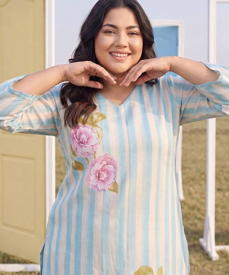 Plus Size Blue Printed Straight Kurta Trousers With Dupatta Set