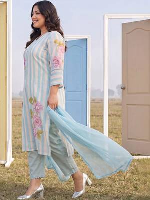 Plus Size Blue Printed Straight Kurta Trousers With Dupatta Set 4