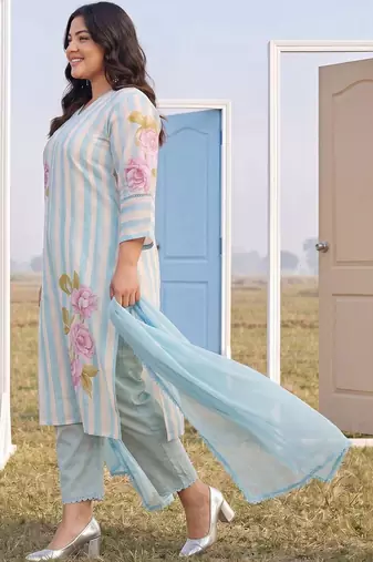 Plus Size Blue Printed Straight Kurta Trousers With Dupatta Set
